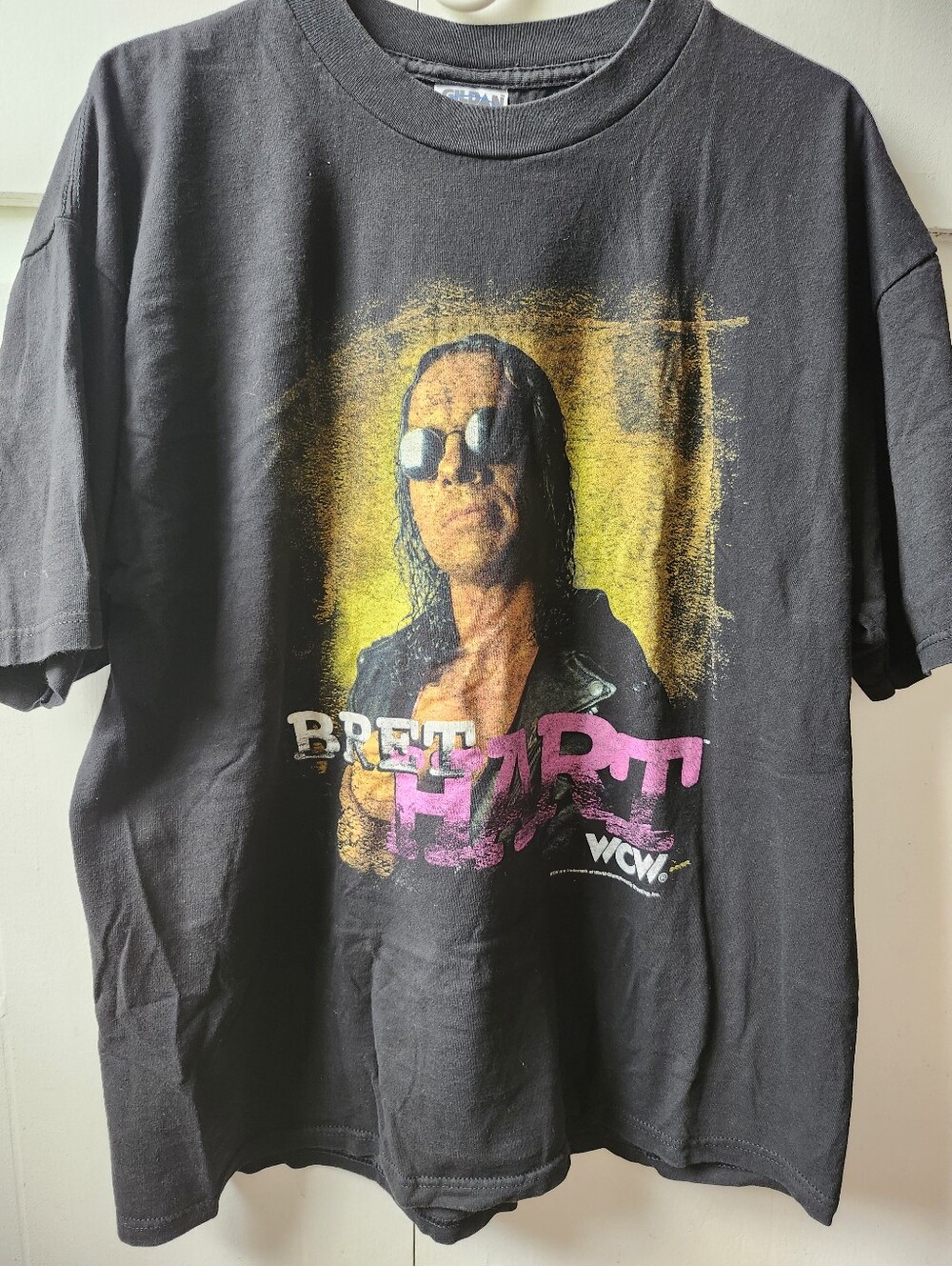 1998 Bret Hart WCW Gildan Graphic Tee with Yellow and Pink Print